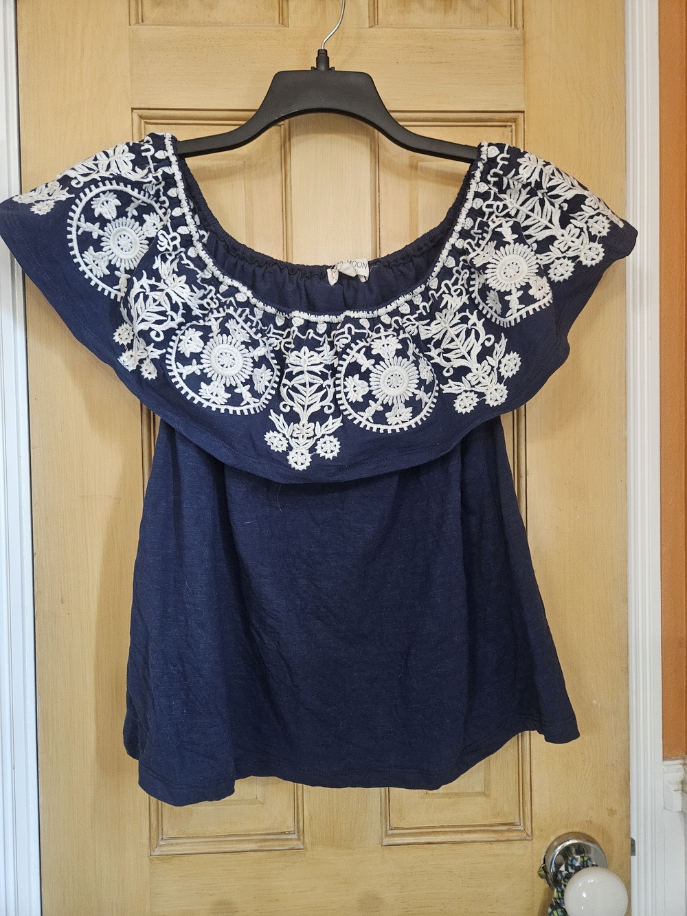 Navy Off-Shoulder Embroidered Tunic Top